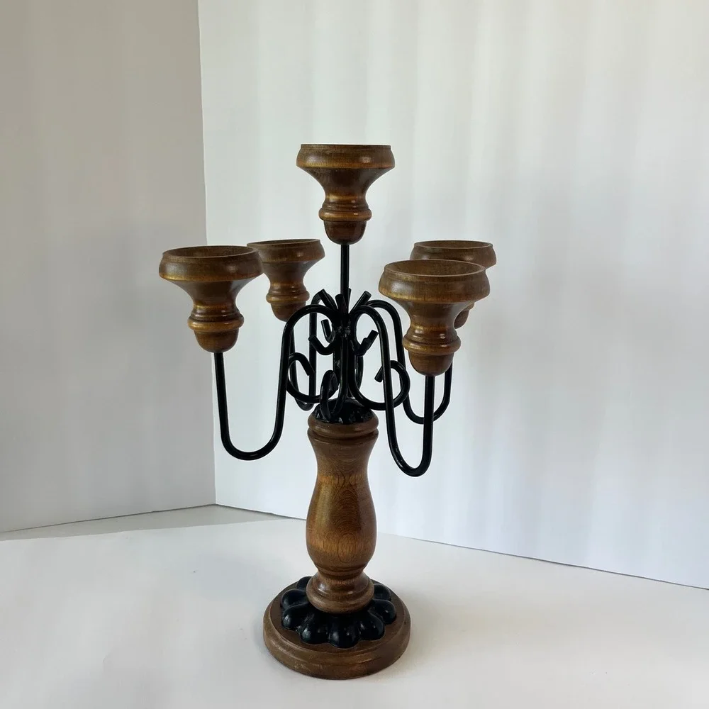 Vintage Wood and Wrought Iron 5 Light Candelabra Candle Holder Centerpiece Brown